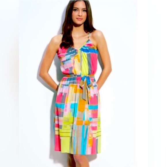 Trina Turk Playa Silk Geometric Multi Color Knee Length Dress Sz 4 EUC - Picture 1 of 12